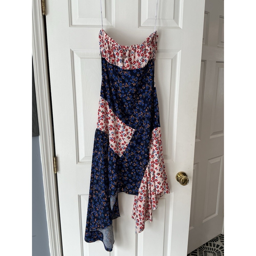 NEW Golden Hour Blush Navy Floral Print Strapless Midi Dress Asymmetrical Spring - Picture 6 of 7